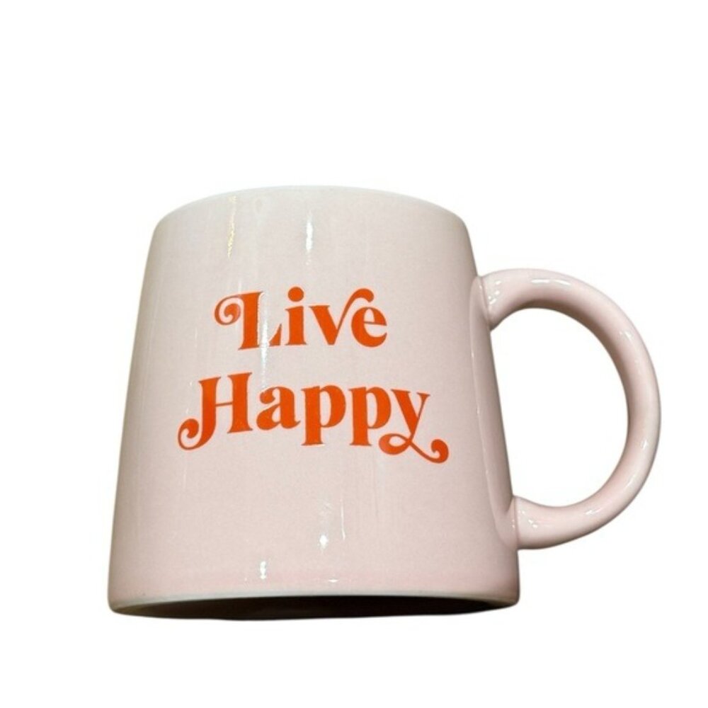 Pink Ceramic Mug With "Live Happy" Text In Orange 12 Oz Dishwasher & Microwave S